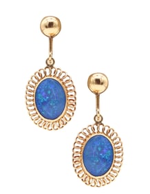 BLACK OPAL 1940 European Vintage Dangle Earrings In 14Kt Yellow Gold