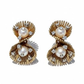 Retro 18K Yellow Gold Cultured Pearl & Diamond Earrings