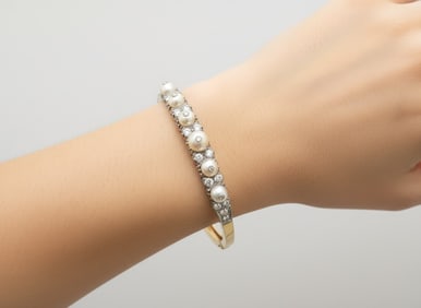 Antique 14K & Platinum Natural Pearl & Diamond Bangle