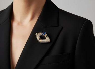 18K Yellow Gold Sapphire & Diamond Brooch