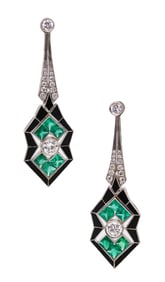Art Deco 1930 Dangle Earrings In Platinum With 10.52 Ctw In Diamonds And Emeralds