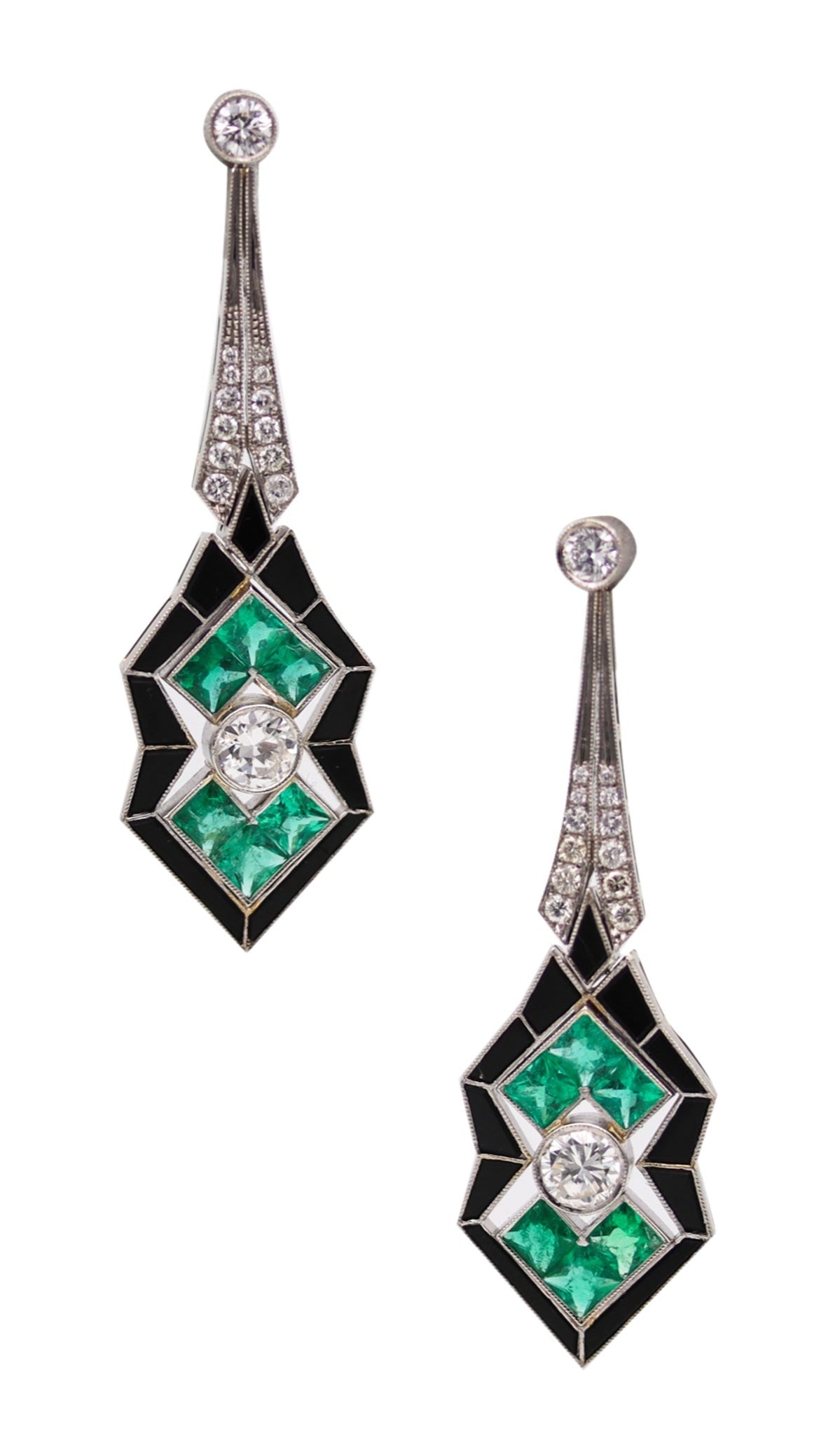 Art Deco 1930 Dangle Earrings In Platinum With 10.52 Ctw In Diamonds And Emeralds (1 of 8)