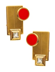 Manfredi 1990 Geometric Red Earrings In 18Kt Yellow Gold With Two Aquamarines