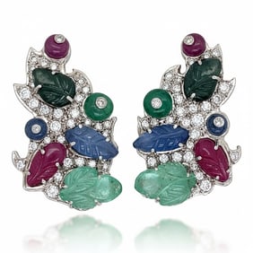 18K White Gold Diamond, Emerald, Ruby, and Sapphire Earrings