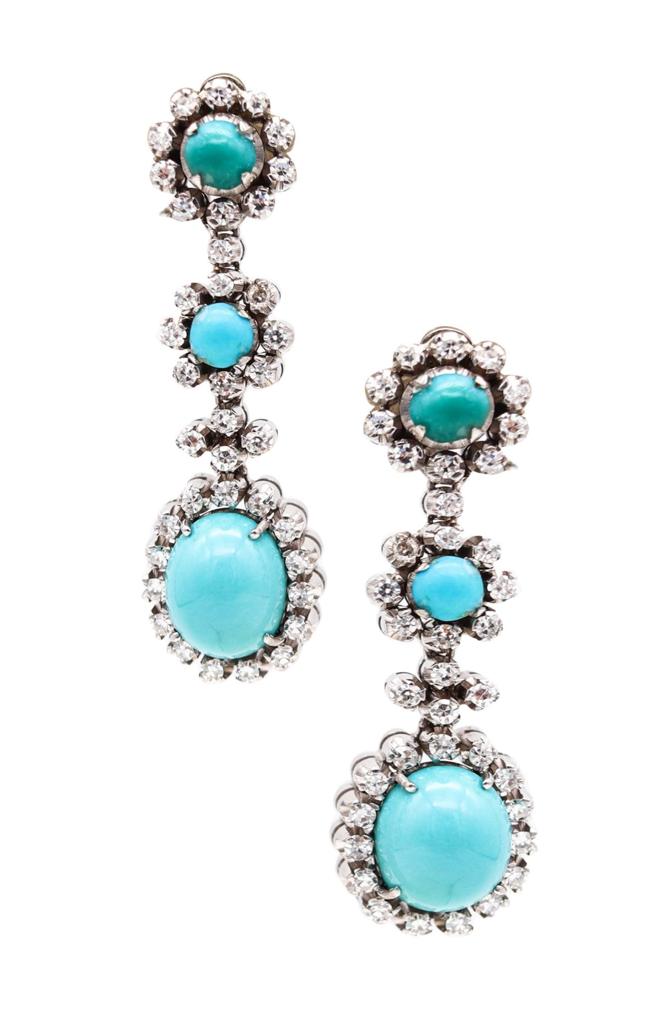 Italian 1950 Earrings In 18Kt White Gold With 7.22 Ctw In Turquoises And Diamonds: Very beautiful and elegant dangle drop earrings, post-war period, 1950, crafted in solid 18K white gold with polished finish. Composed of individual links set with 76 four-prong European round diamond