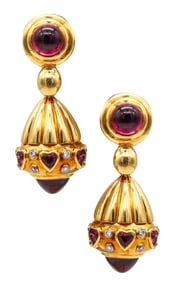 British Dangle Drop Earrings In 18Kt Gold With 17.46 Ctw In Diamonds And Rhodolite