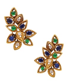 Italian Modernist Clip On Earrings In 18Kt Gold With 5.68 Ctw In Diamonds Sapphires And Emeralds