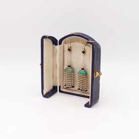 French Art Deco 1920 Dangle Tassels Earrings In 18Kt Gold With Jade And Pearls