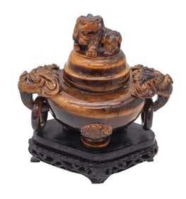 QING DYNASTY 20th Century Carved Tiger's Eye Foo-Dog Censer With Cover Lid