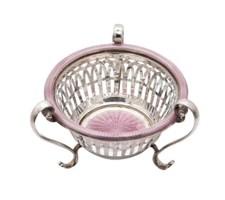 EDWARDIAN 1909 Guilloche Enameled Tripod Basket Vase In .925 Sterling Silver