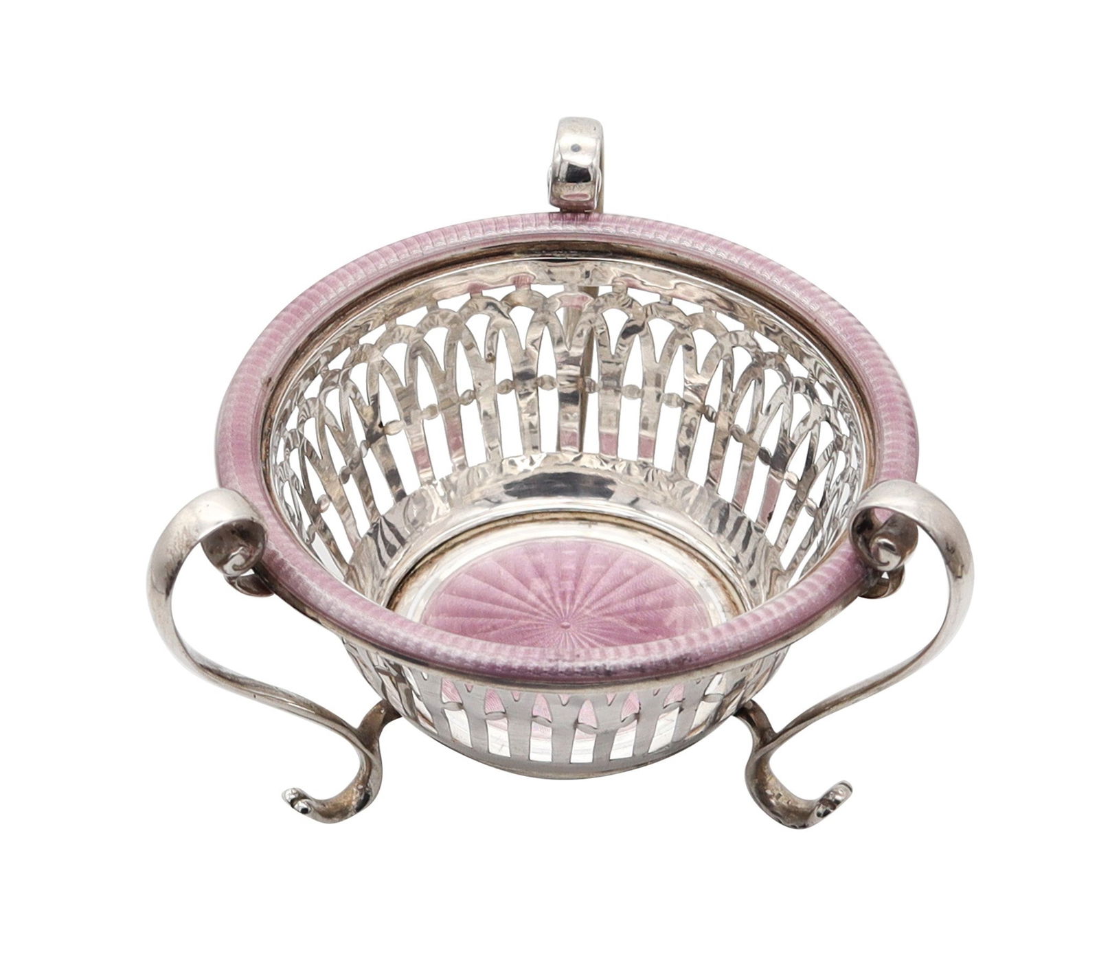 EDWARDIAN 1909 Guilloche Enameled Tripod Basket Vase In .925 Sterling Silver: Circa 1909 Edwardian three-legged round vase from Pforzheim, Germany, imported by Erich Kellerman, London. Crafted in solid .925/.999 sterling silver with neoclassical patterns and engine-turned guill