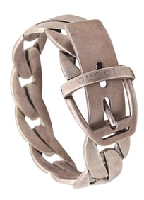 GUCCI 1990 Firenze Modernist Chained Buckle Bracelet In Brushed .925 Sterling Silver