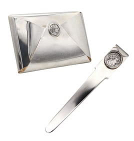 Galena 1970 Modernist Unique Medallion Desk Set In Solid .925 Sterling Silver