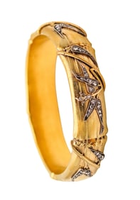 French 1880 Bamboo Bracelet In 18Kt Yellow Gold With Rose Cut Diamonds