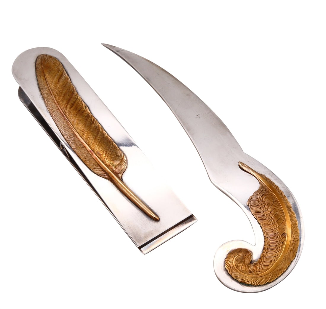 Ravinet D Enfert Paris 1970 Rare Desk Set Duo In 24Kt Gold Gilding And Silver Plate: Exceptional 1970s Parisian desk set duo by Ravinet D’Enfert, crafted in silver-plate with 24K gold gilding. Includes a letter opener (258 x 70 mm) and paper clip (190 x 45 mm), both featuring elegan