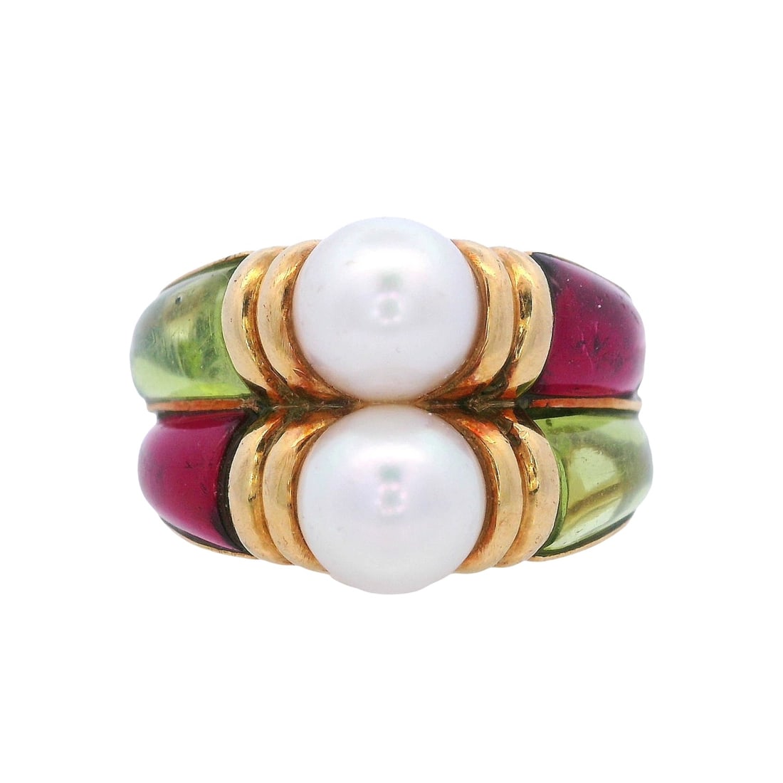 BVLGARI Vintage 18kt yellow Gold Ring with Pearl, Tourmaline & Peridot Ring: Vintage Bvlgari Ring crafted from 18kt yellow Gold set with two center pearls about 12 mm diameter. Featuring two Peridots and two Pink Tourmalines. Ring size: 6 1/2. Total weight: 14.6 grams. Ring wi