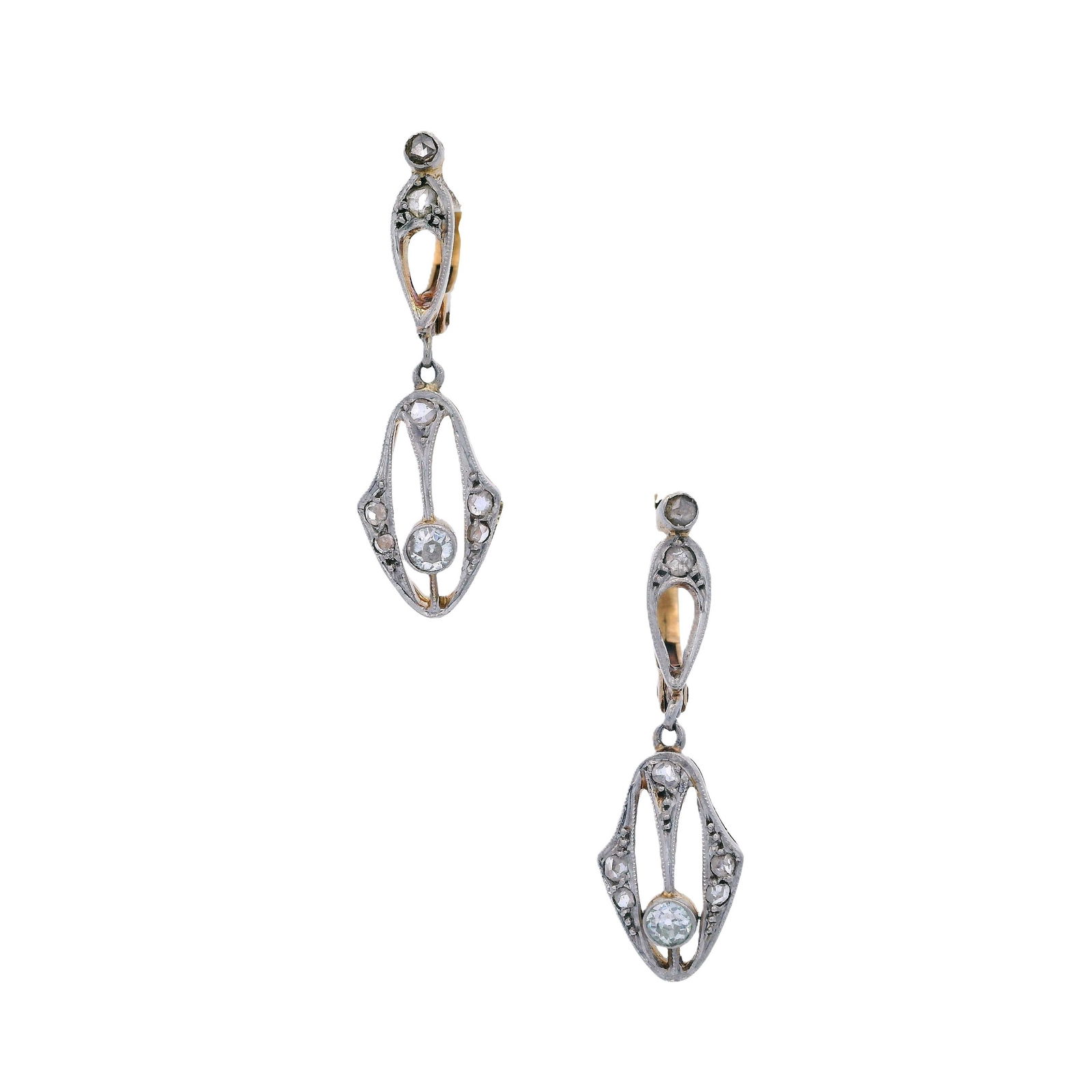 French Art Deco Drop Earrings in 18kt Gold & Platinum with Diamonds (1 of 5)