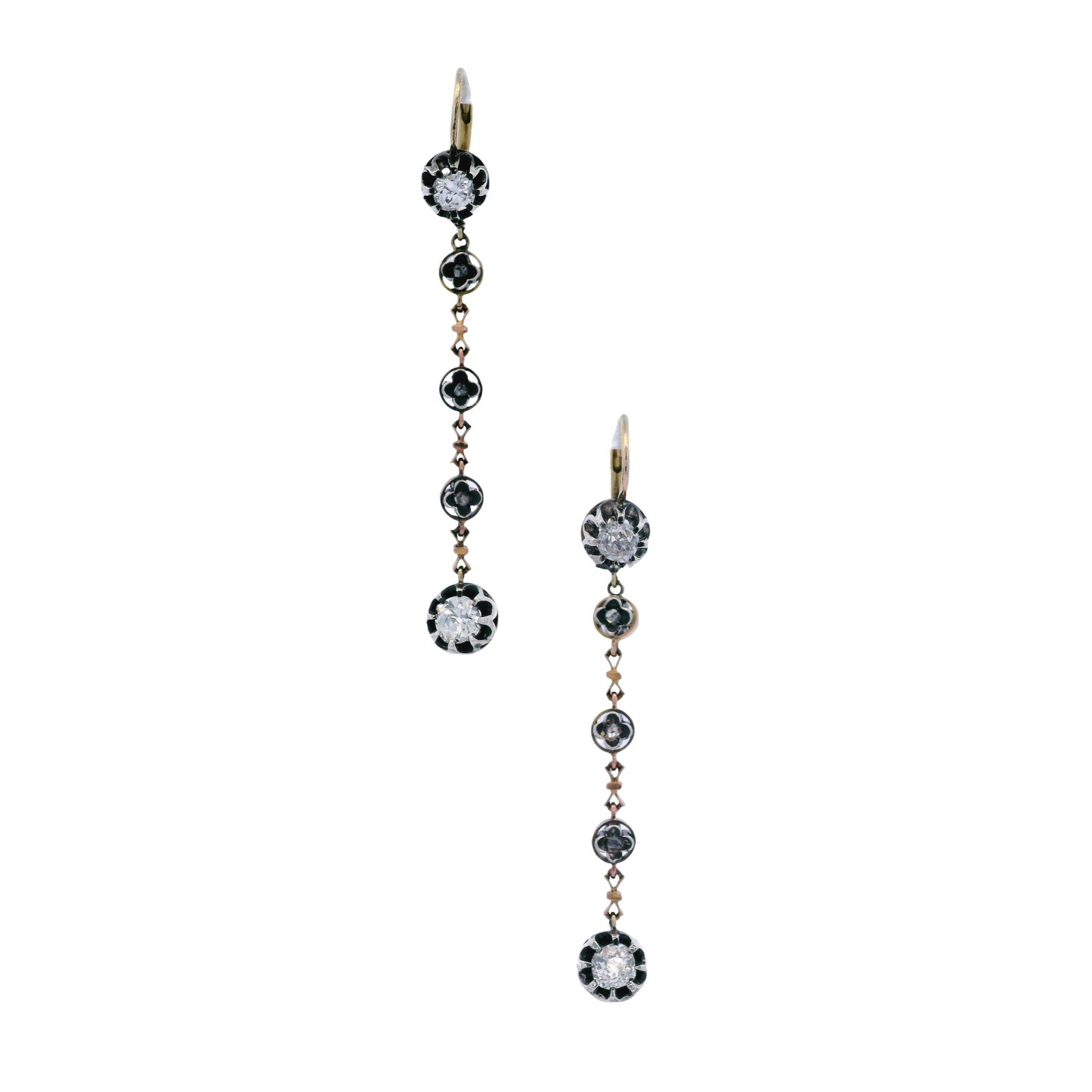 Antique 18kt yellow Gold & Platinum Hanging Earrings with 1.72 Cts in Diamonds: Pair of Antique Hanging Earrings crafted from 18kt yellow Gold, Platinum and Silver. Accented with four Old mine cut Diamonds weighing together Approx. 1.64 Cts. H-J color, SI clarity. Along with six