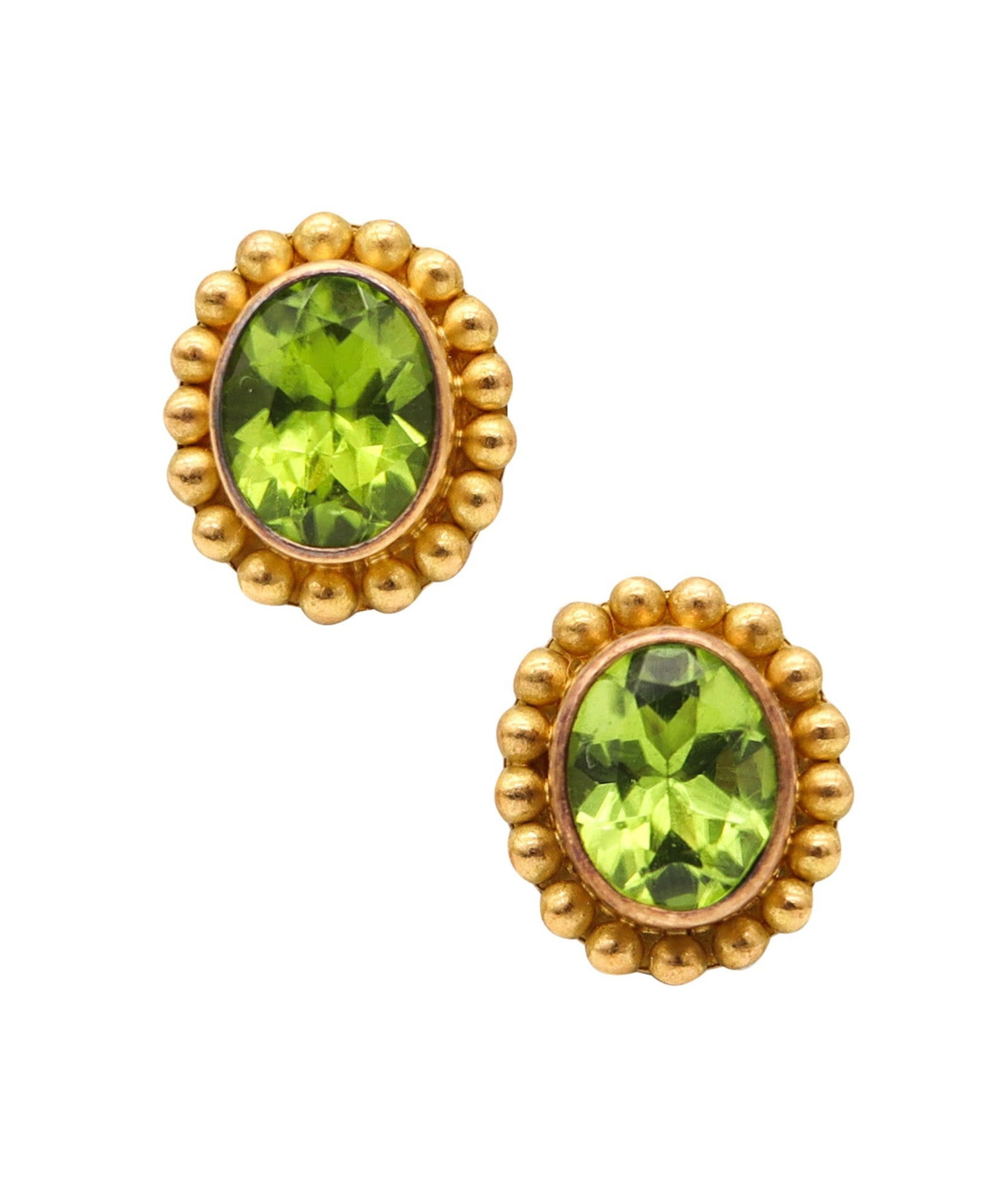 REINSTEIN ROSS Clips-On Earrings In Brushed 20Kt Yellow Gold With Peridots: A refined pair of clip-on earrings by Reinstein-Ross, created in New York City and crafted in rich 20K yellow gold (.833/.999 Au) with a delicate brushed finish and timeless, sculptural patterning. Ea