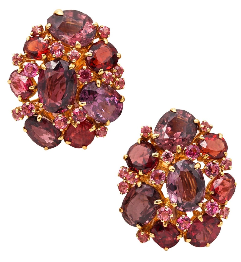 Seaman Schepps Rare Cluster Earrings In 18Kt Yellow Gold With 24.29 Cts In Color Spinels: A rare and highly collectible pair of Seaman Schepps cluster clip earrings, created in New York City and beautifully crafted in solid 18K yellow gold with a high-polish finish. Each earring is richly