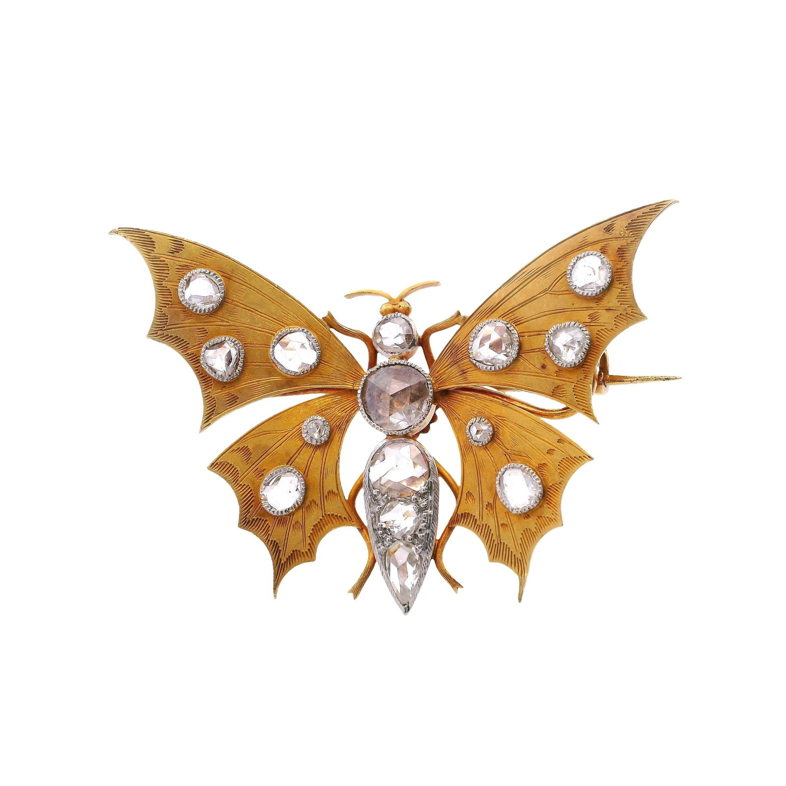 French Antique 1920 18kt Gold Butterfly Pendant Brooch with 2.0 CTS in Diamonds: Antique French butterfly brooch with versatile screw-back mechanism allowing conversion to a pendant, expertly crafted in 18kt yellow and white gold with intricate milgrain detailing. Accented by fift