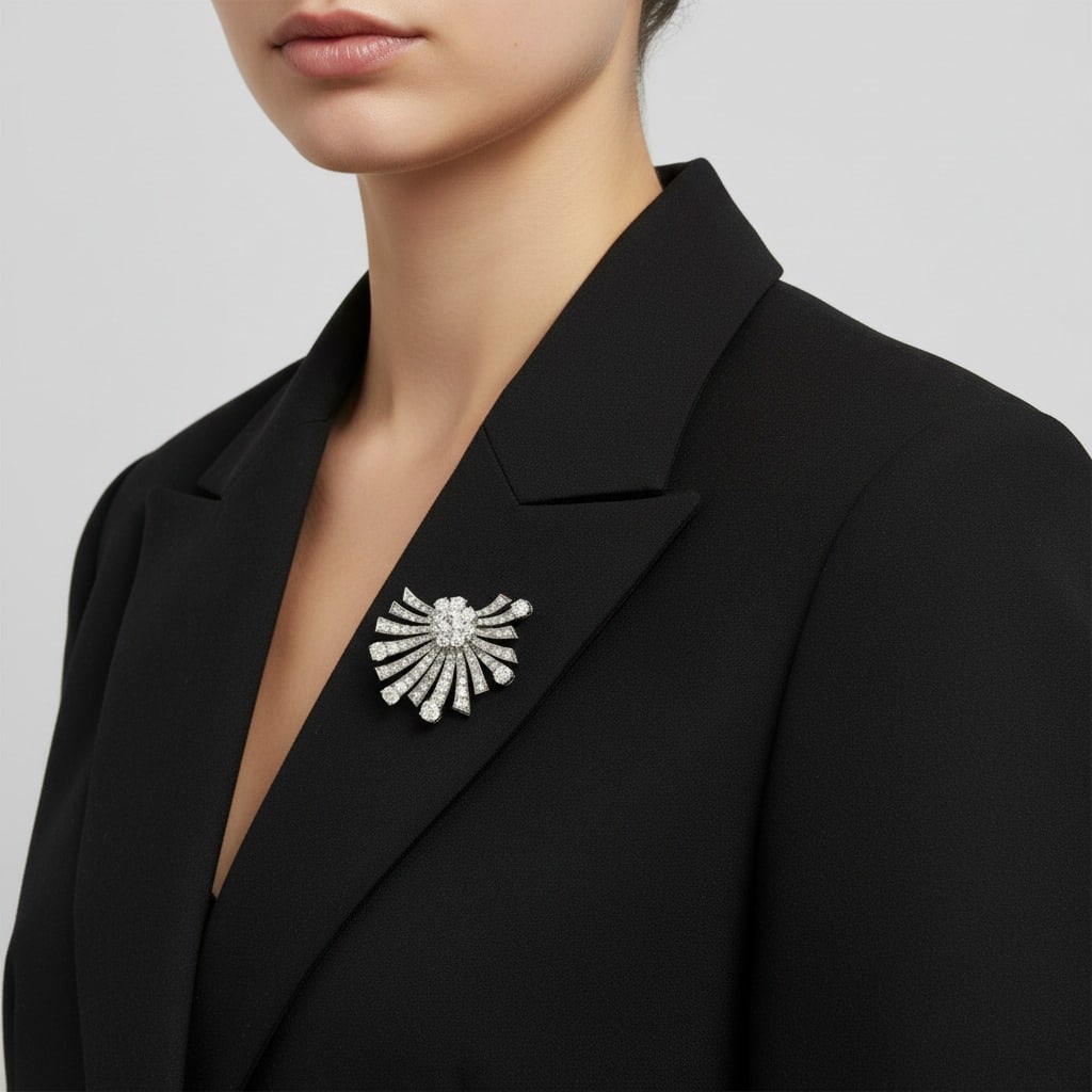 Art Deco Platinum 12.20 Ct. Diamond Brooch: Art Deco platinum diamond brooch in a dramatic sunburst design, centered with an approximately 1.50 carat diamond (K color, I1 clarity) and set with additional diamonds totaling approximately 10.70 ca