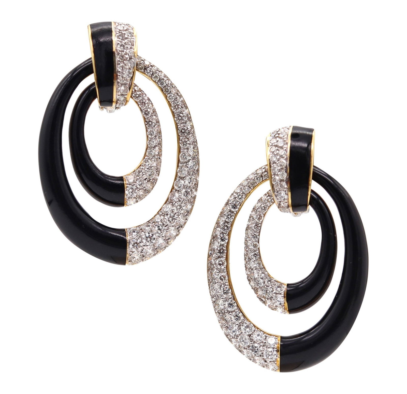 PERSEPHONE Enameled Dangle Earrings In 18Kt Gold With 8.19 Ctw Diamonds: A fabulous pair of Persephone dangling drop earrings, created in the United States in the late 1970s, crafted as a true left-and-right pair in solid 18K yellow gold with a high-polish finish and strik