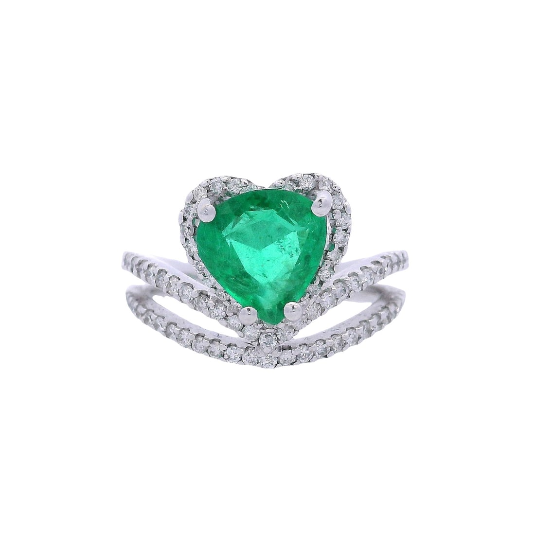 Contemporary 18kt white Gold Heart Ring with 2.15 CTW in Emerald & Diamonds (1 of 7)