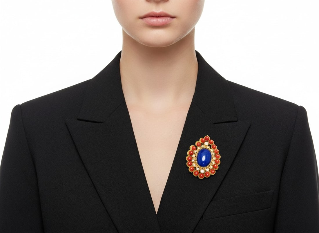 1960s 18K Yellow Gold Coral, Lapis Lazuli, and Diamond Brooch/Pendant: Striking 1960s brooch and pendant in 18K yellow gold, showcasing a vivid cabochon lapis lazuli center framed by vibrant coral beads and 16 F-G color, VVS-VS clarity diamonds totaling approximately 1.2