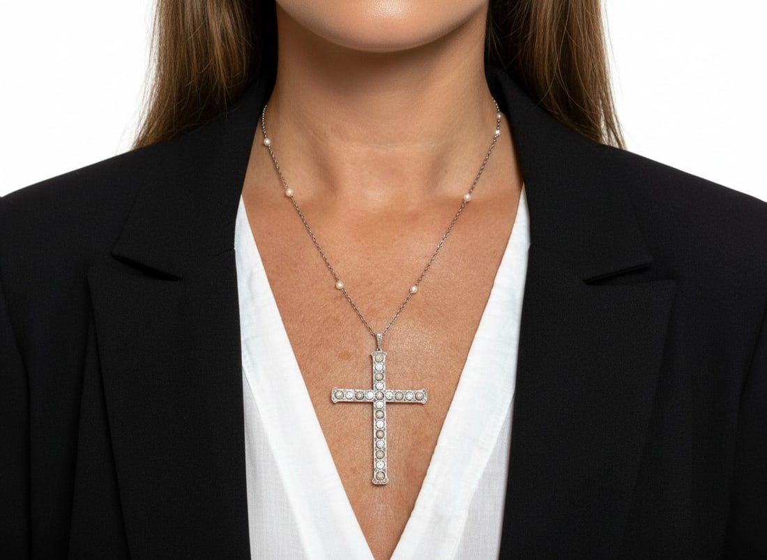 Art Deco Platinum Natural Pearl & Diamond Cross Necklace: Elegant Art Deco necklace featuring a platinum cross set with 19 natural pearls, accented by 10 old mine-cut diamonds totaling approximately 1.50 carats (G-H color, VVS-VS clarity) and 59 rose-cut dia