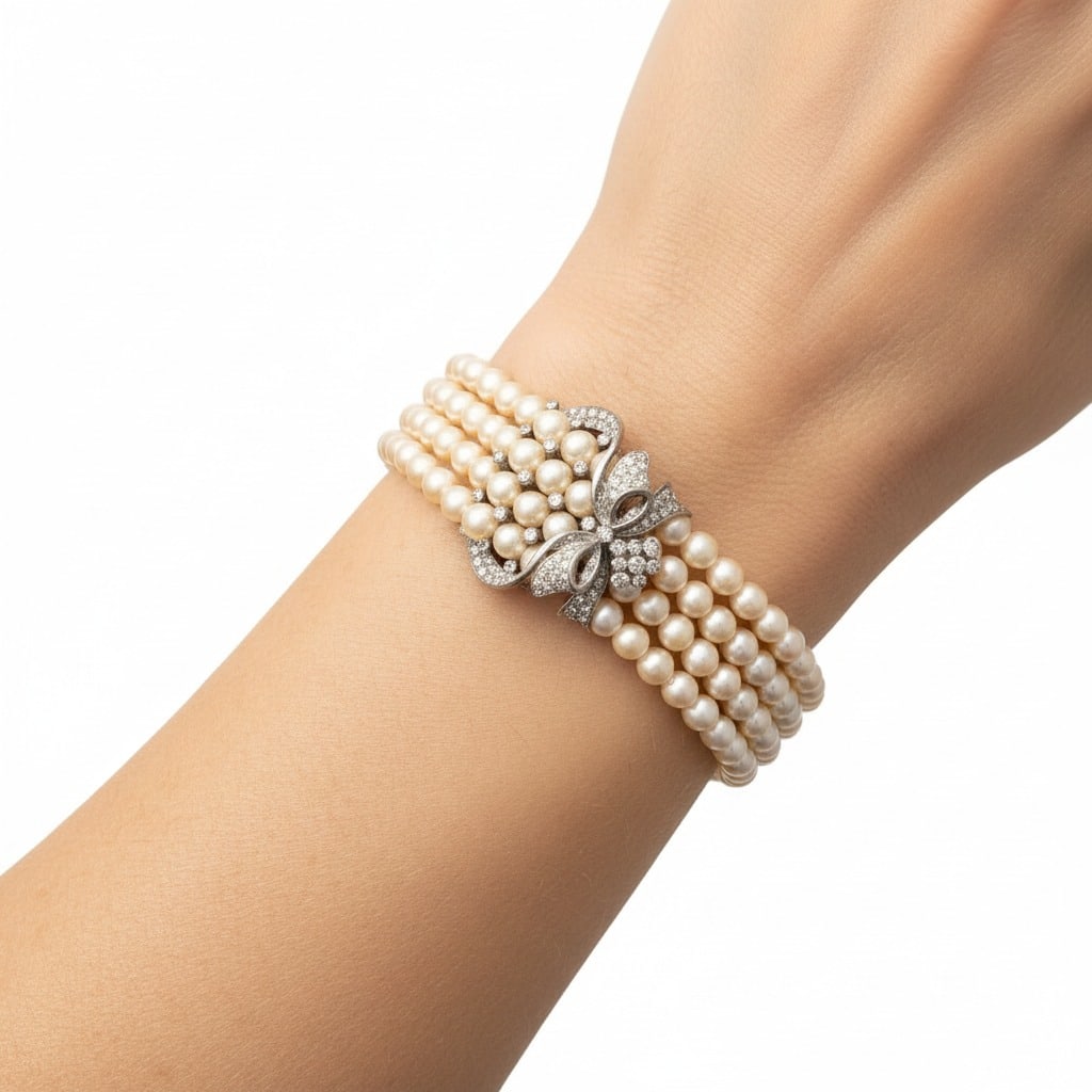 Antique Platinum Pearl Bracelet with 3.60 CTS in Diamonds: Antique platinum bracelet featuring four rows of luminous pearls, elegantly accented with full-cut and single-cut diamonds totaling approximately 3.60 carats (G-H color, VS2 clarity). Measuring 7.25 x