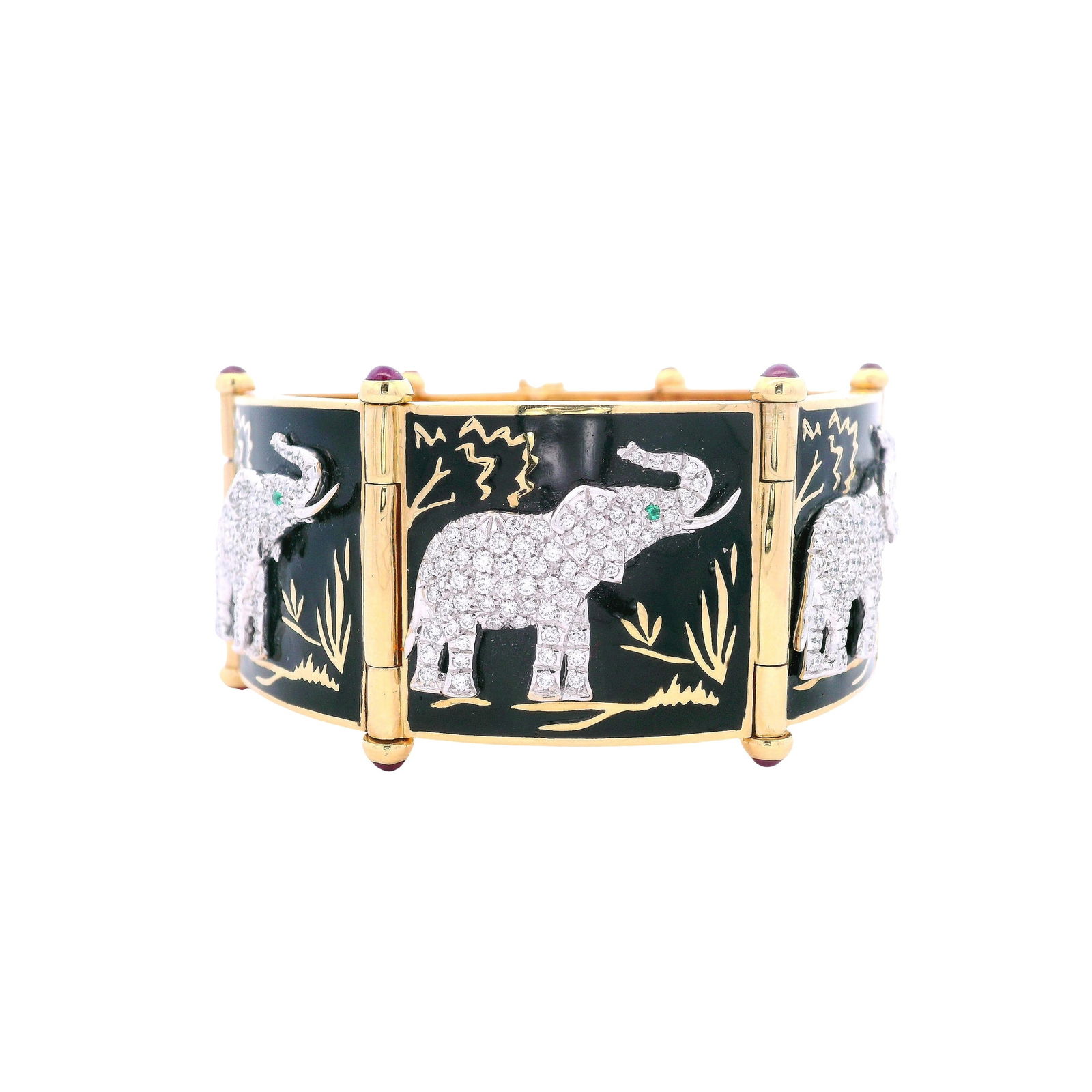 SHREVE CRUMP & LOW 18kt yellow Gold Black Enamel & Diamond Elephant Bracelet: Remarkable flexible bracelet crafted in 18kt yellow gold and platinum, featuring a series of hand-engraved black enamel plaques adorned with pavé diamond elephant motifs (totaling approximately 3.30