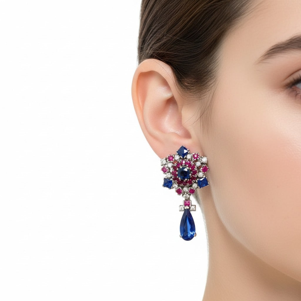 1950s Platinum Diamond, Ruby, & Sapphire Earrings (1 of 2)