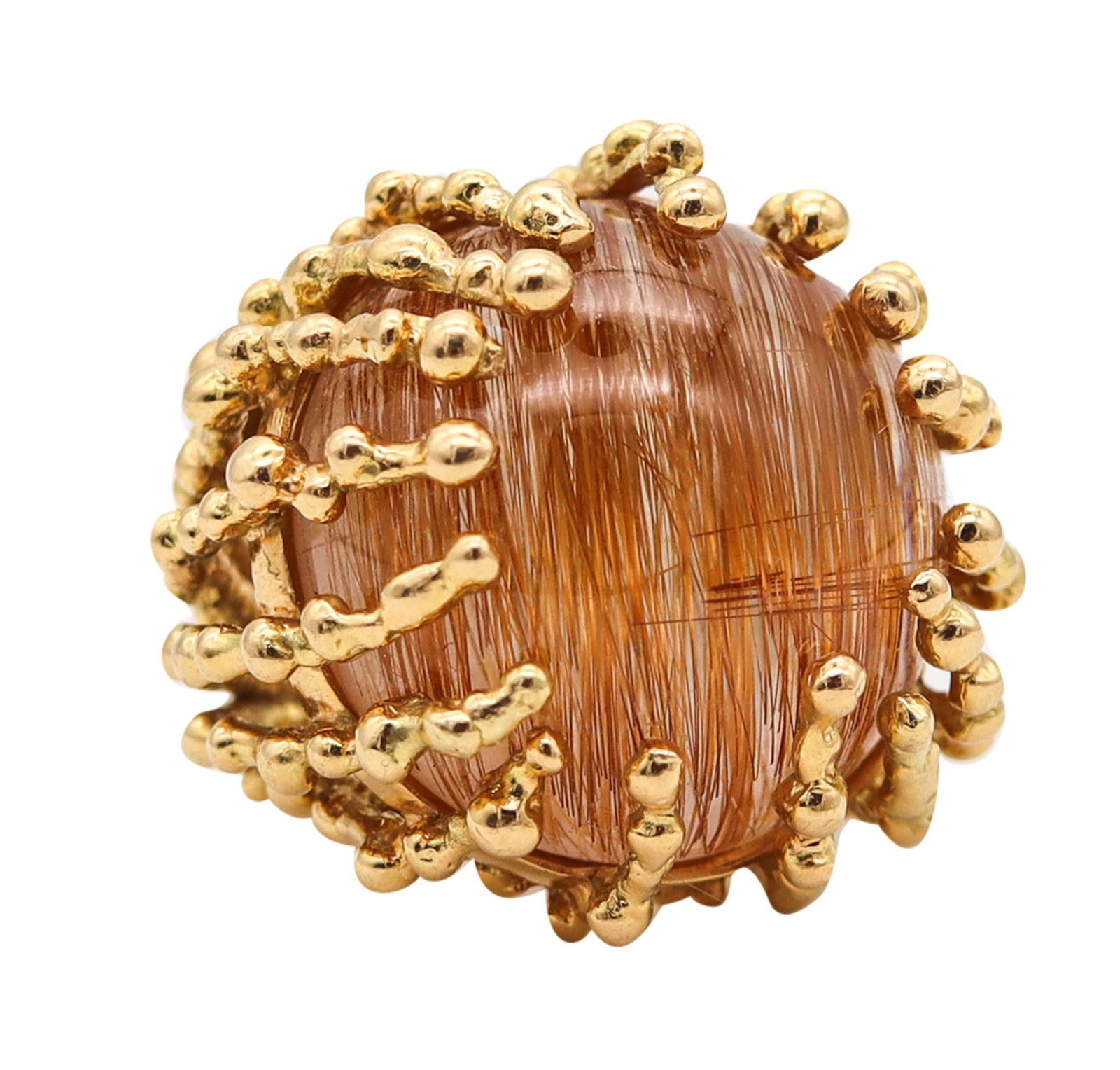 GARNAZELLE Paris Boule D'Amour Cocktail Ring In 18Kt Gold With 107 Ctw Rutile Quartz: A fabulous one-of-a-kind sculptural ring by Garnazelle, created in Paris circa 2000, designed as an intricate “nest” of interlaced elements that dramatically cradles an oversized gemstone. Exp