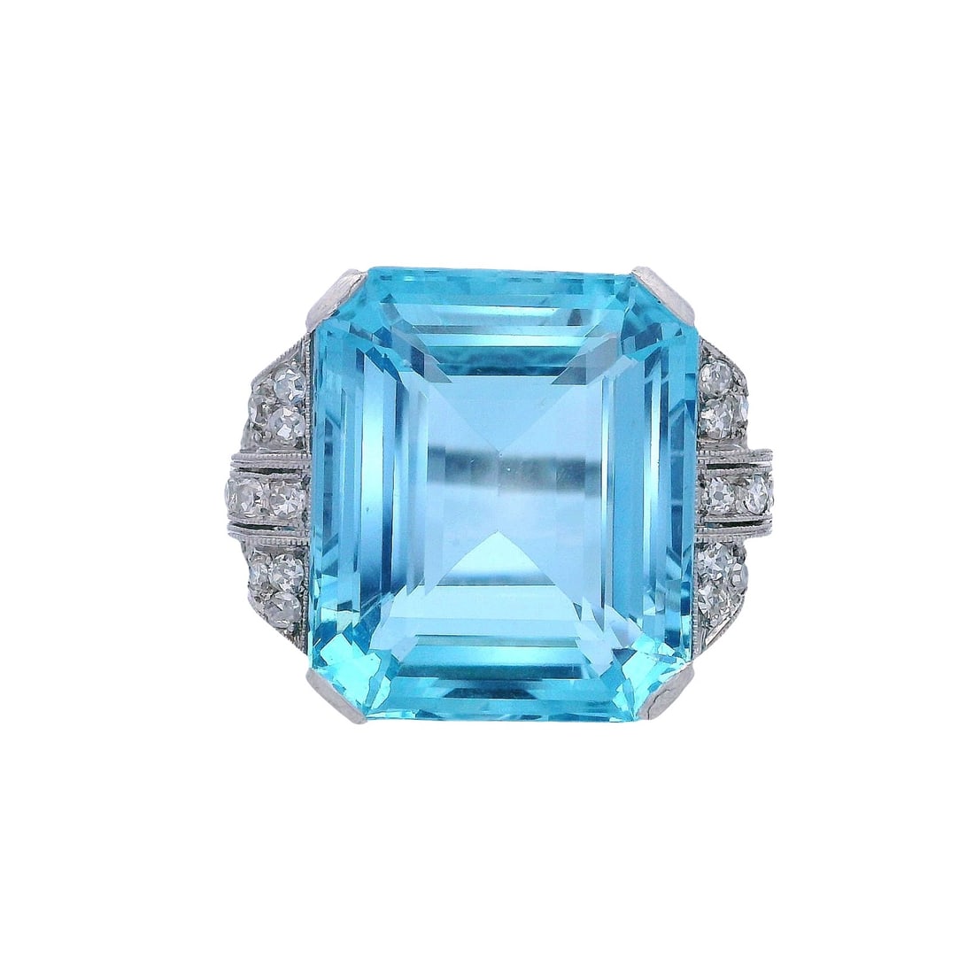 Art Deco Platinum Ring with 16 CTS Aquamarine & Diamonds (1 of 6)