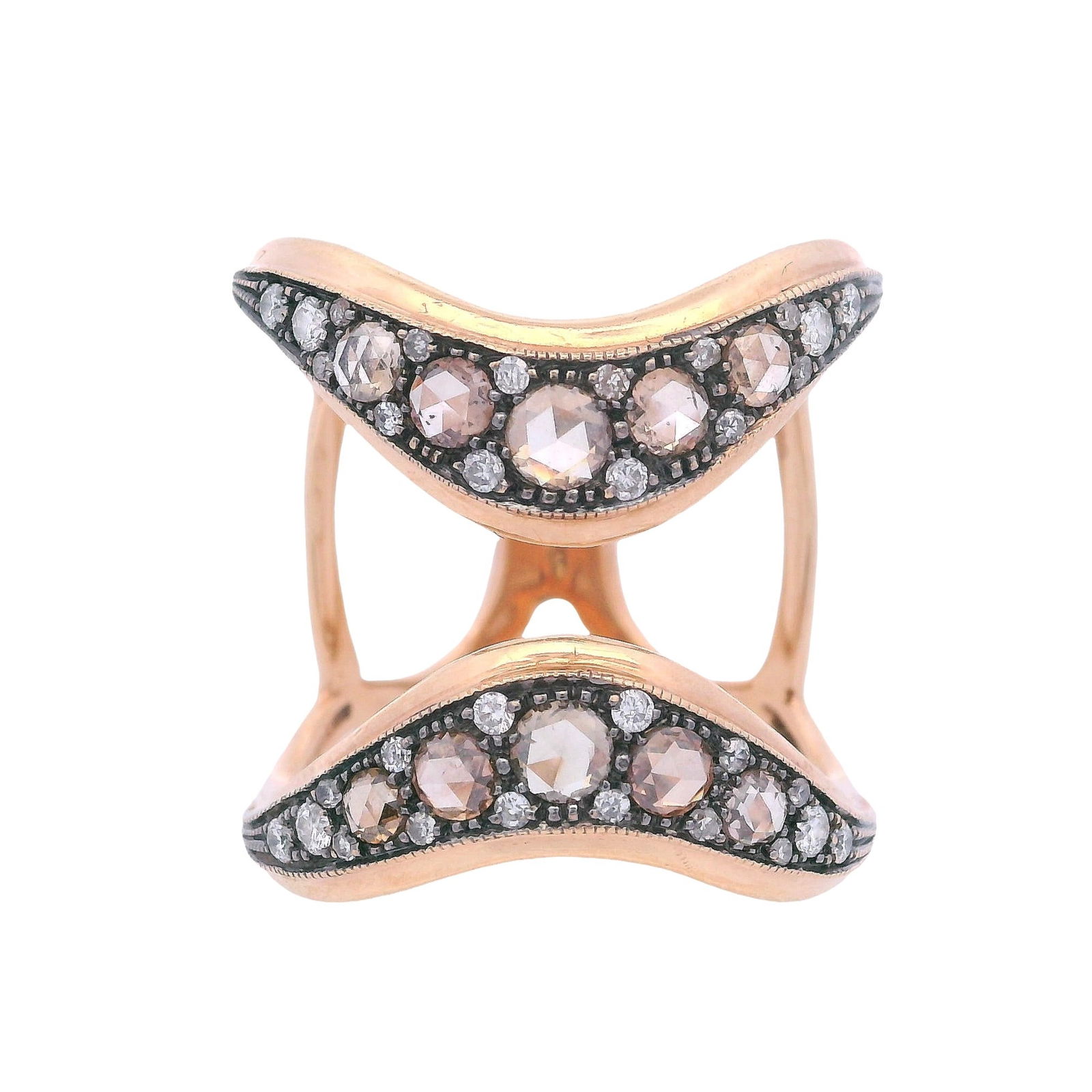 Vintage 18 Kt Gold Ring with White & Champagne Diamonds: Nice looking Ring crafted from 18kt yellow and white Gold, accented with graduated Champagne Rose cut Diamonds and white Round cut Diamonds weighing together Approx. 0.75 carats. Ring size: 6 1/2. Tot