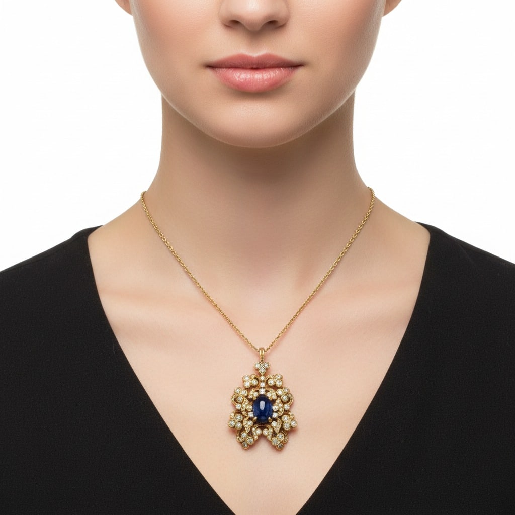 18K Yellow Gold Sapphire & Diamond Necklace (1 of 5)