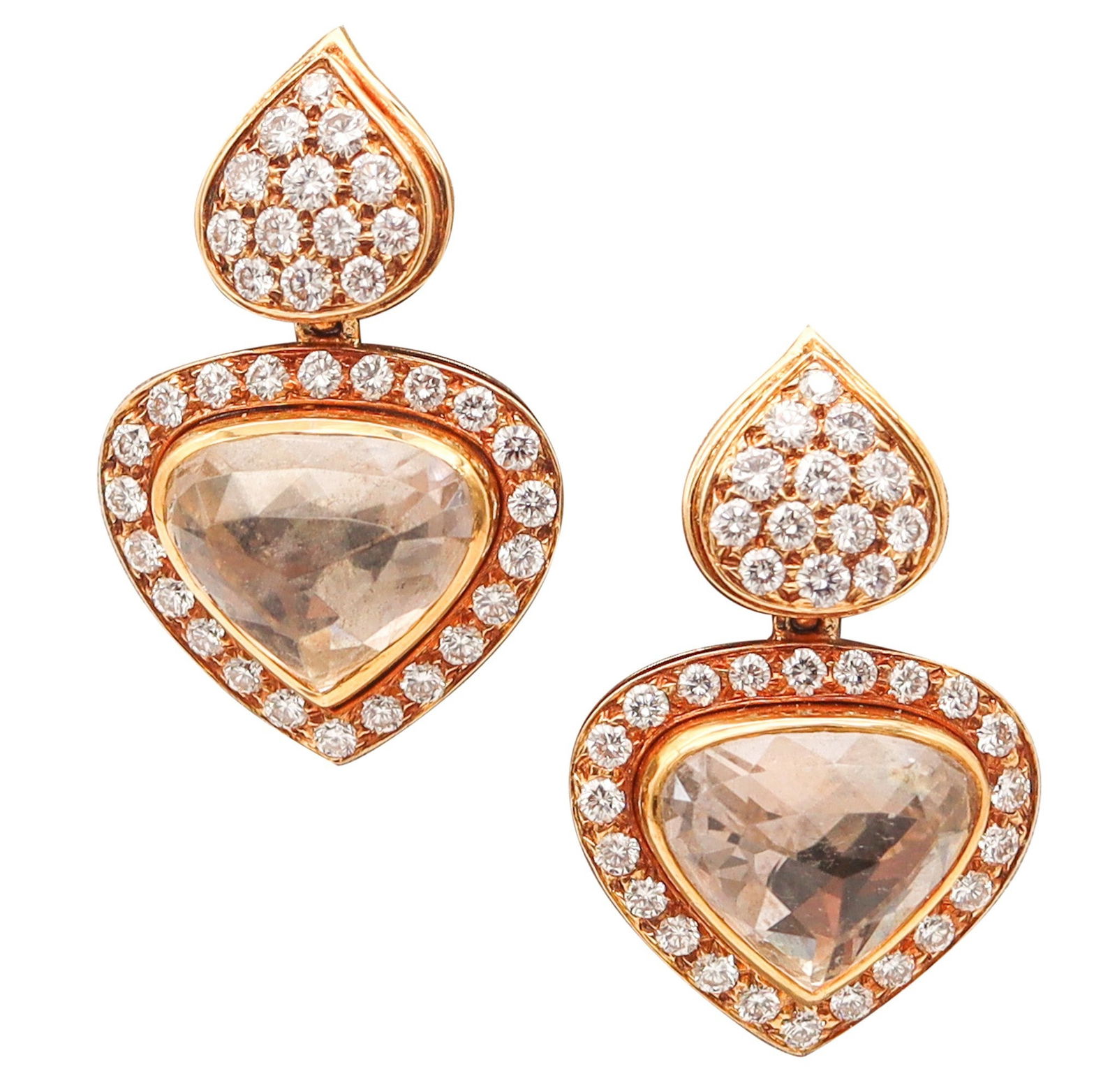 O. J. PERRIN Paris Dangle Drops Clips Earrings in 18Kt Gold With 2.82 Ctw Diamonds: A beautiful pair of movable dangle drop clip-on earrings by O.J. Perrin, Paris, created circa 1980 and crafted at the André Vassort atelier in solid 18K yellow gold with a high-polish finish. Designe