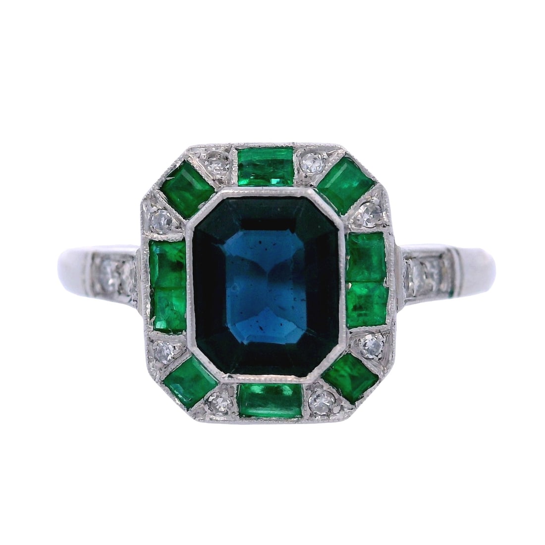 Art Deco Platinum Ring with Emeralds, Sapphire & Diamonds (1 of 7)