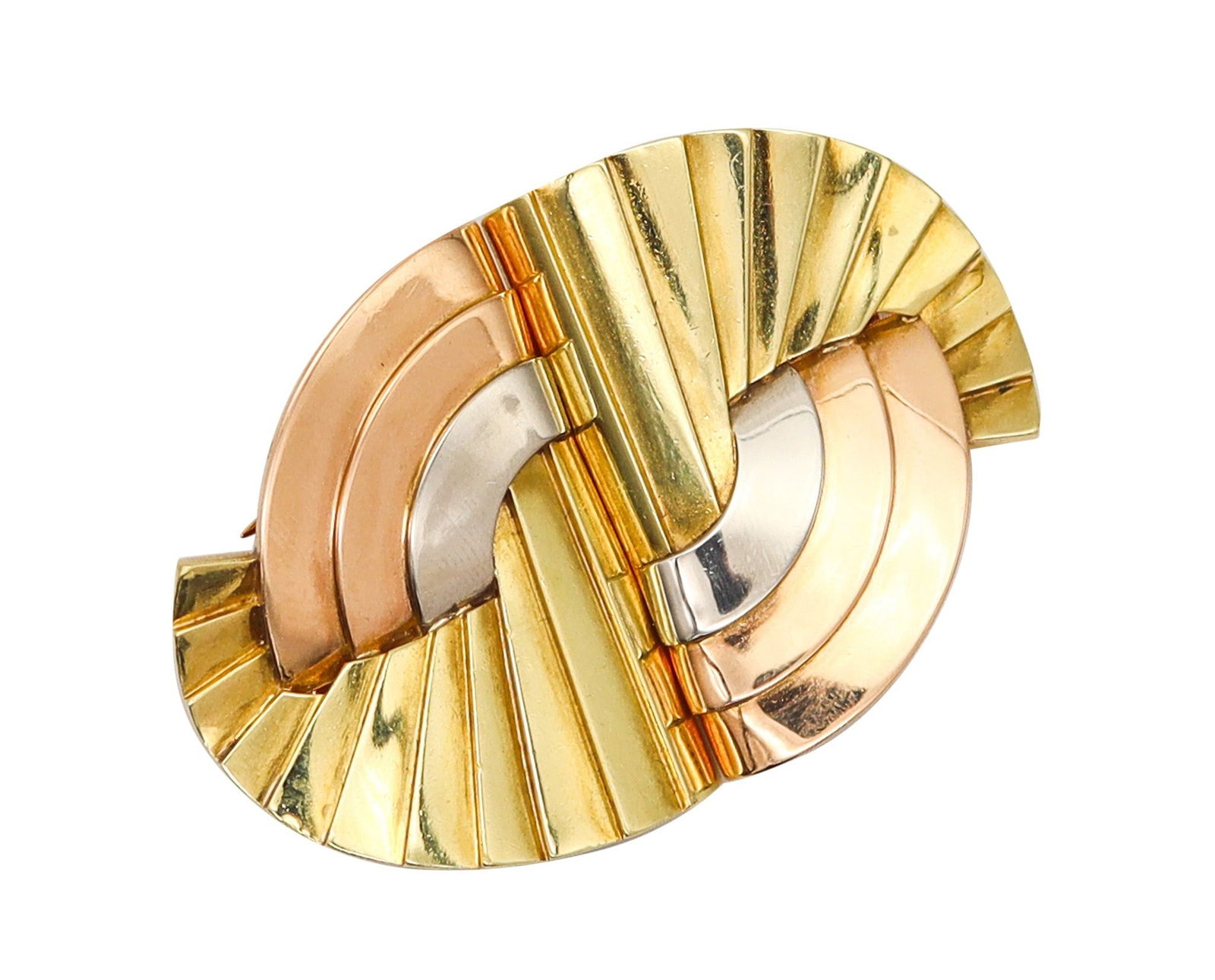 RENE BOIVIN Paris 1935 Belperron Art Deco Convertible Clips-Brooch In 18Kt Gold: A fabulous and highly important pair of convertible clip-brooches by Suzanne Belperron for René Boivin, created in Paris circa 1935 and widely regarded as the epitome of French Art Deco design. Maste