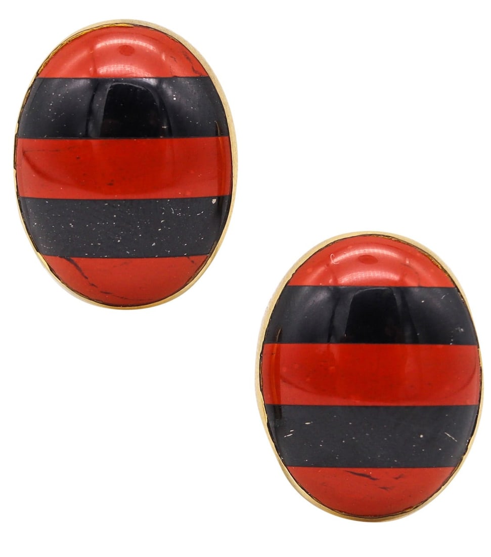 Tiffany And Co. 1977 By Ralph Lauren Geometric Clips Earrings In 18Kt Gold With Inlaid Gems: A very rare pair of clip earrings created in New York City in 1977 by Ralph Lauren for Tiffany Studios, crafted in solid 18K yellow gold with a high-polish finish and crisp, architectural presence. Th