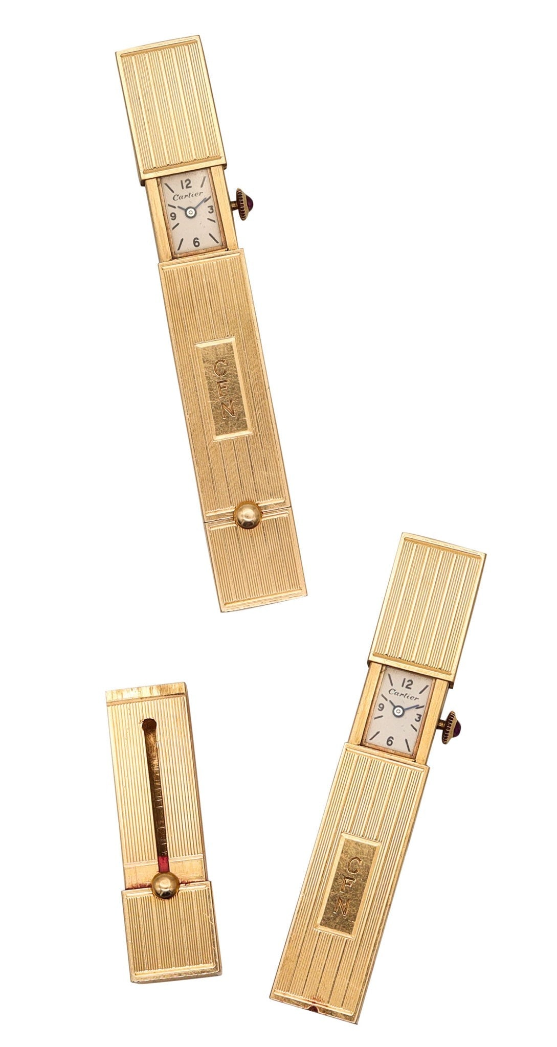 CARTIER 1935 Art Deco Lady Concealed Watch Purse Tools In 14Kt Yellow Gold: A remarkably rare Cartier ladies’ multi-tool pocket piece from the Art Deco era (circa 1935–1940), crafted in solid 14k yellow gold with crisp rectangular geometry, a polished finish, and refined