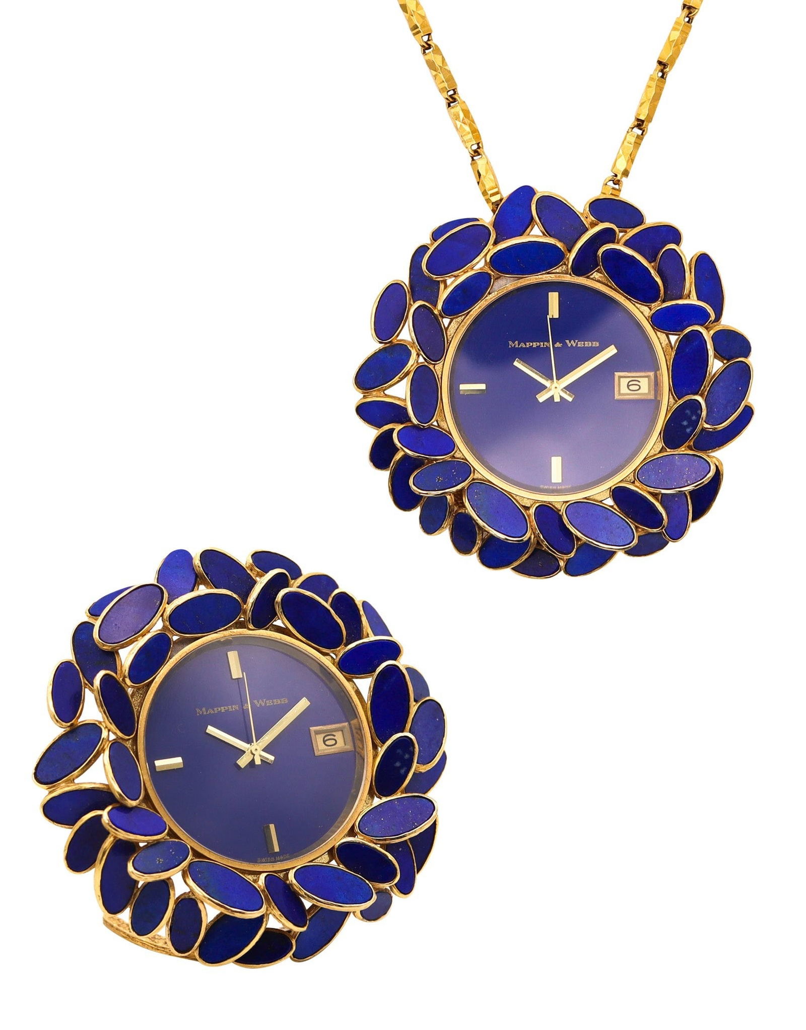 AUGUSTIN JULIA PLANA 1960 Pendant-Travel Watch In Solid 18kt Gold With Lapis: A striking 1960s Swiss modernist pendant-watch by Spanish jeweler-artist Augustin Julia-Plana, masterfully produced in 18k yellow gold with a rich textured finish by Simon Schlegel / Yves Saint Blaise