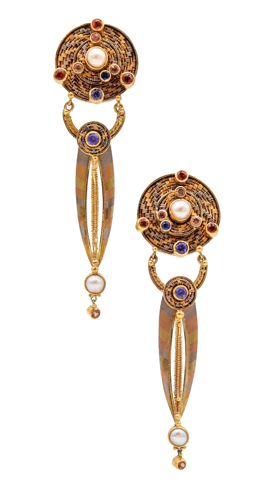 VICKI EISENFELD Studio Rare Mokume Drop Earrings In 22Kt Gold With Gemstones: A fabulous one-of-a-kind pair of drop earrings by Connecticut studio jeweler Vicky Eisenfeld, showcasing extraordinary hand craftsmanship through intricate woven patterns formed from microscopic twist