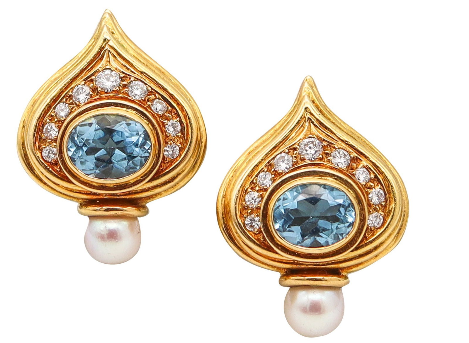 ELIZABETH GAGE England Clips Earrings In 18Kt Gold With Diamonds, Topaz & Pearls: A vibrant vintage pair of Elizabeth Gage clip-on earrings, created in London, England (1985) and crafted in solid 18k rich yellow gold with a high-polished finish. Bold yet wearable, they’re beautif