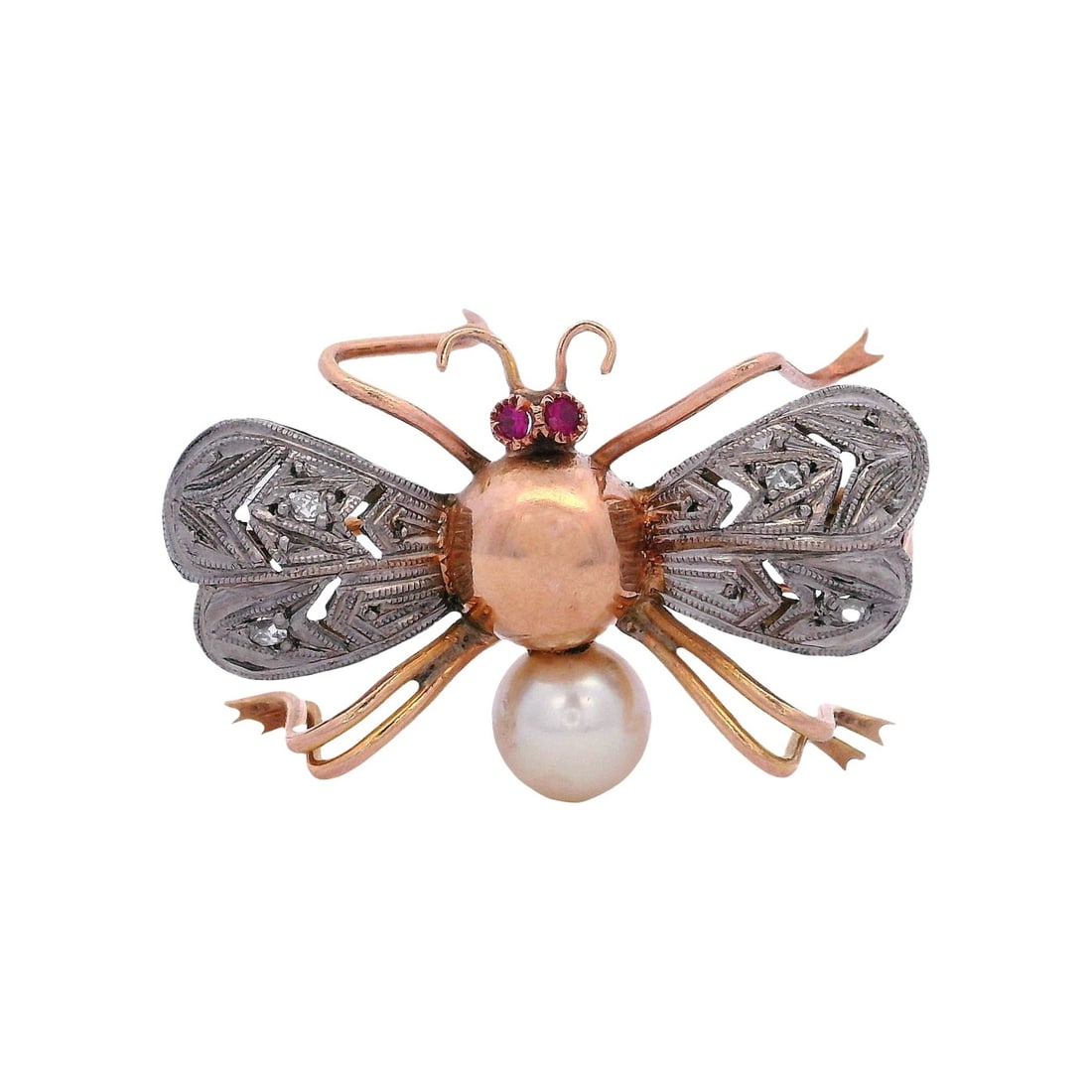 18kt yellow Gold & Platinum Vintage Bee Brooch with Diamonds, Pearl & Rubies (1 of 2)