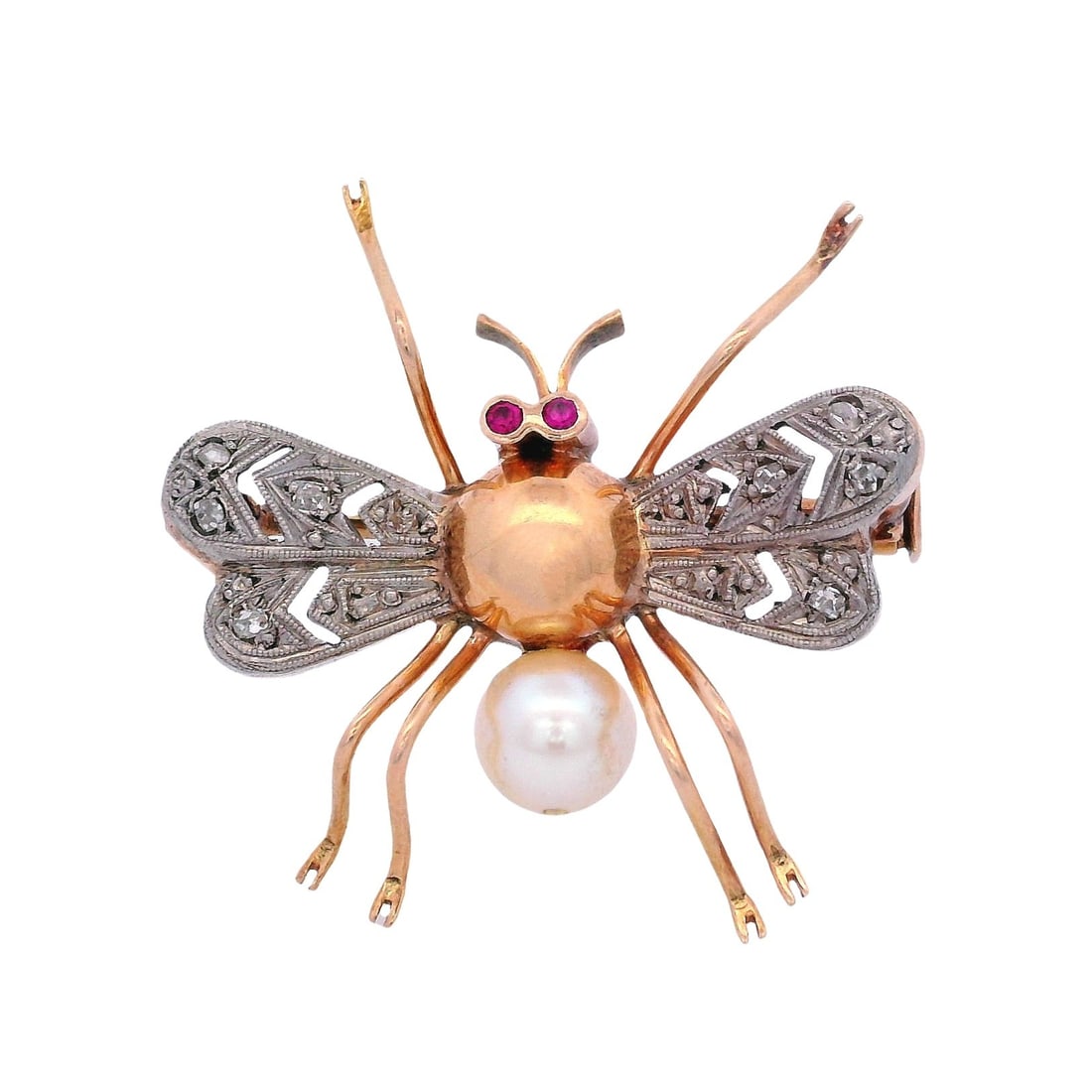 18kt yellow Gold & Platinum Vintage Bee Brooch with Diamonds, Pearl & Rubies (1 of 2)