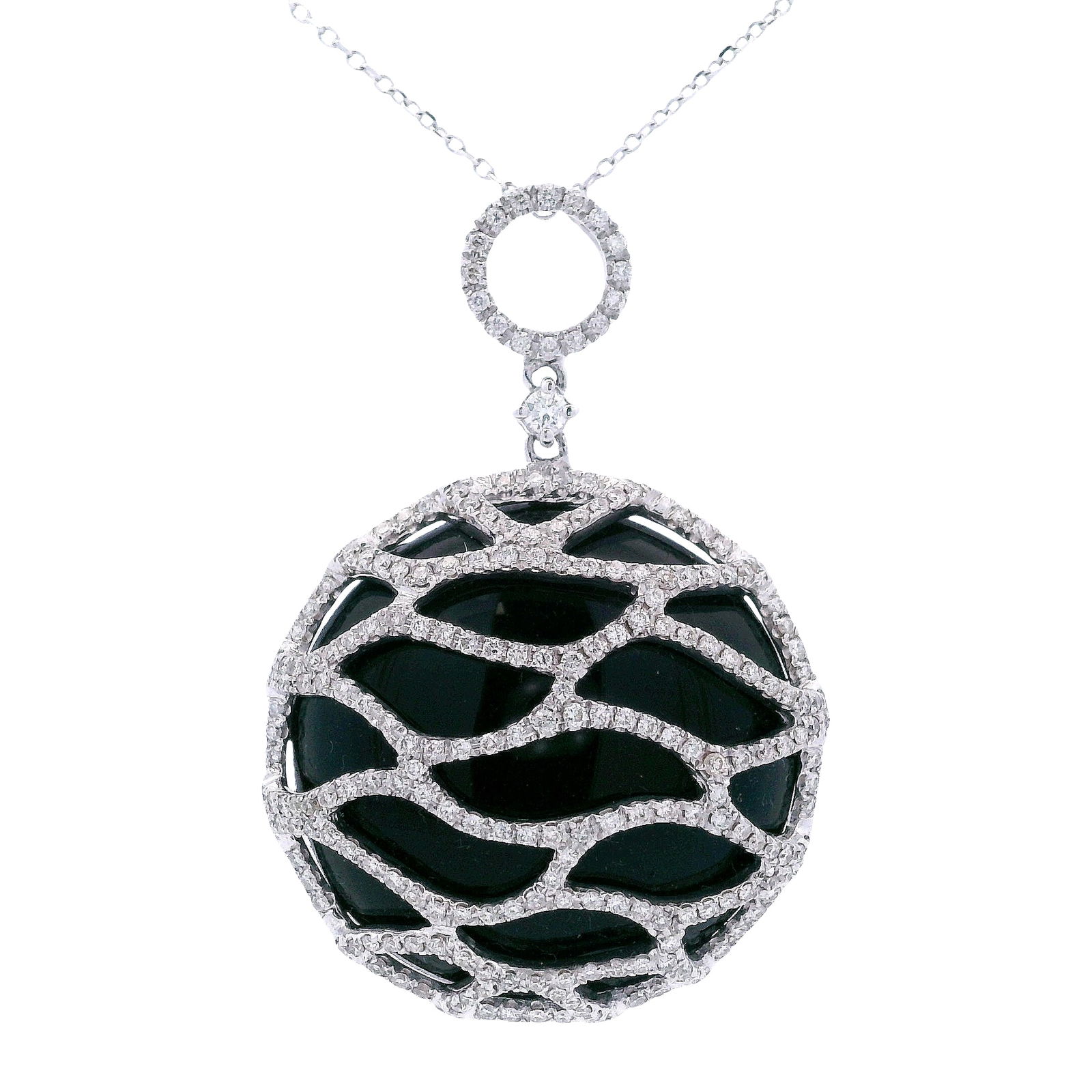 18kt white Gold Pendant Necklace with Diamonds and Onyx: Nice looking Necklace crafted from 18kt white Gold, set with a Onyx Pendant embellished with Round cut Diamonds weighing together Approx. 0.40 carats. Graded colorless. Total weight: 11.9 grams.