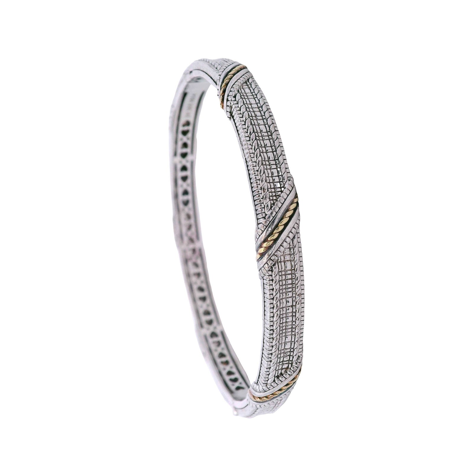 JUDITH RIPKA Sterling Silver 925 & 18kt yellow Gold Bangle Bracelet: JUDITH RIPKA Sterling Silver 925 & 18kt yellow Gold Bangle Bracelet. Fits up to wrist size: 7.0 inches. Total weight: 23.10 grams. Stamped: "JR 925 18K".