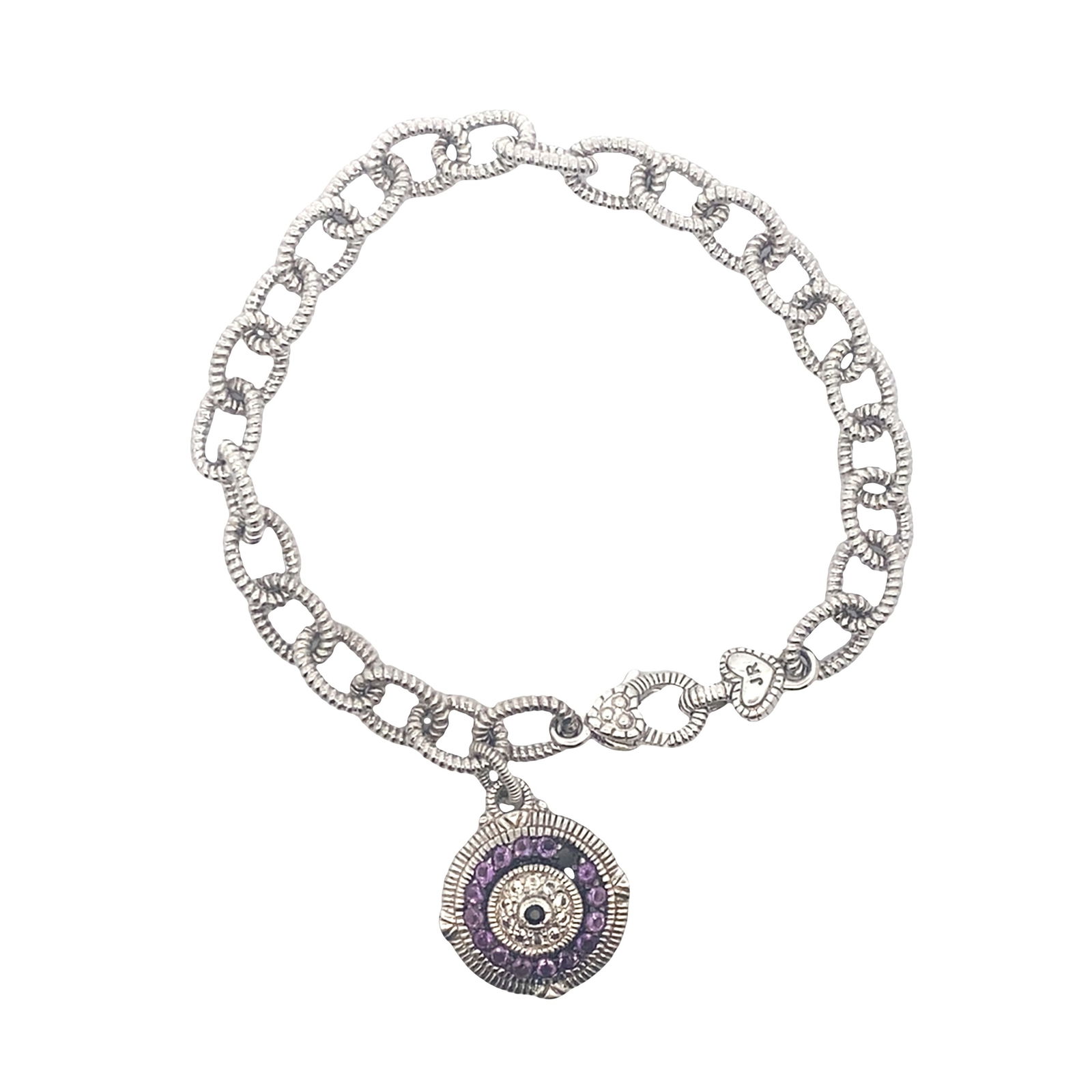 JUDITH RIPKA Sterling Silver 925 Dangle Evil Eye Charm Bracelet: JUDITH RIPKA Sterling Silver 925 Dangle Evil Eye Charm Bracelet accented with Round cut Amethysts. Total length: 7 1/2 inches. Total weight: 18.90 grams.